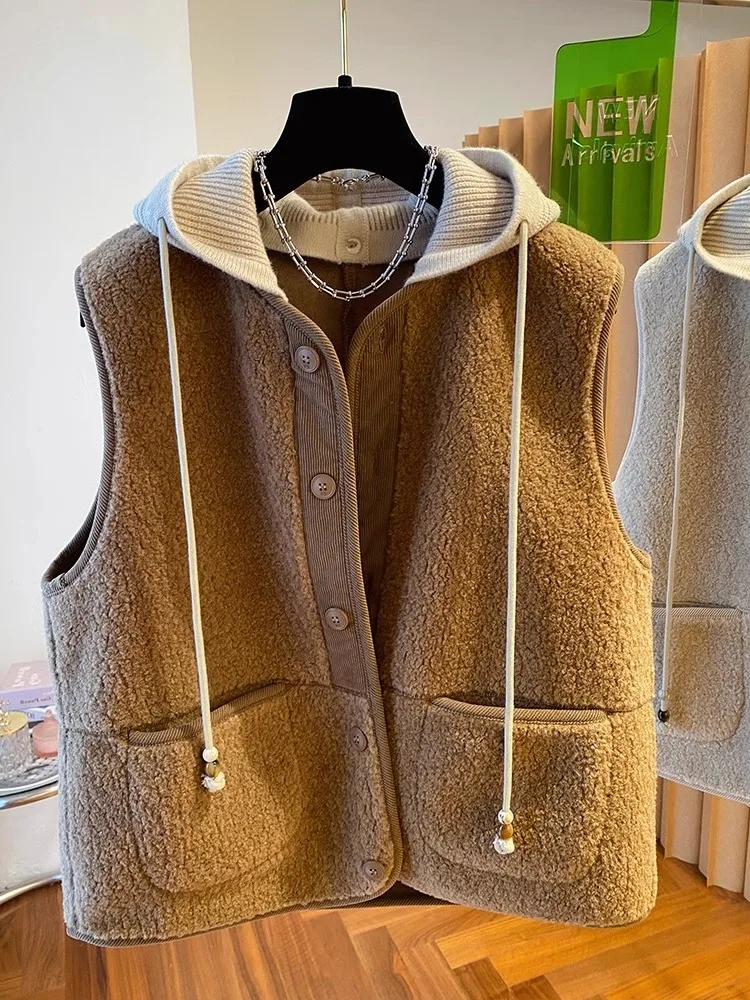 

Ретро корейский простой одинаковый жилет с капюшоном из меха ягненка, мужской осенне-зимний жилет с одной пуговицей, пальто