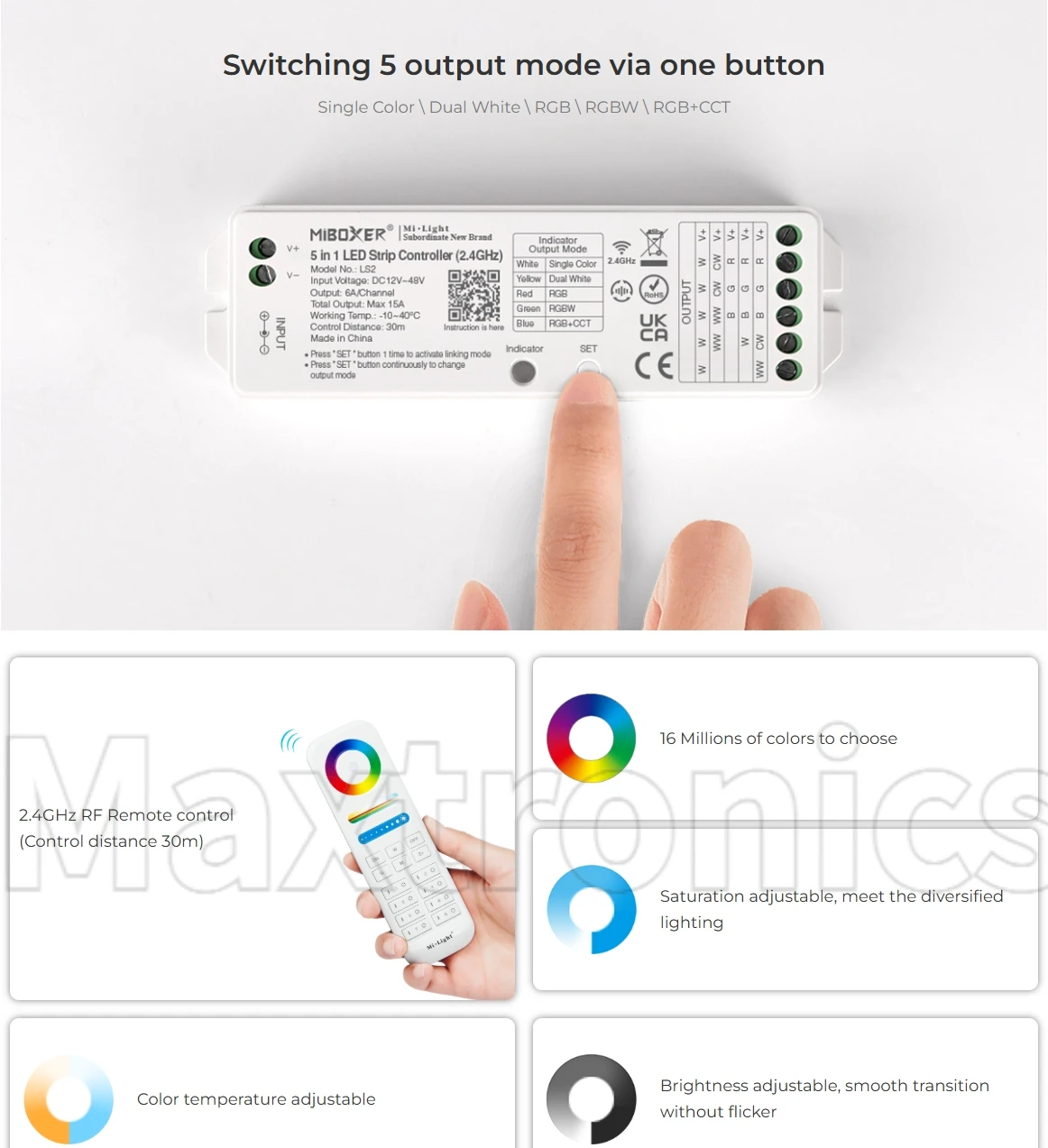 2.4GHz RF MiBoxer 5-in-1 LED Strip Controller LS2/LS2-WP for Adjustable Brightness Single Color/CCT/RGB/RGBW/RGB+CCT LED Lamp