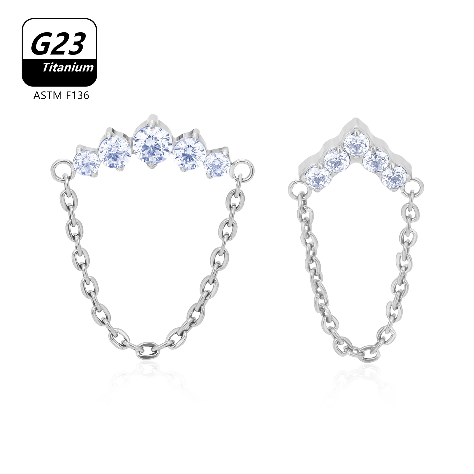 10PCS 16G G23 Titanium Body Jewelry Labret 1.2mm with Chain and Stones Lip Bar Ear Helix Tragus Rook Stud Implant Grade Piercing