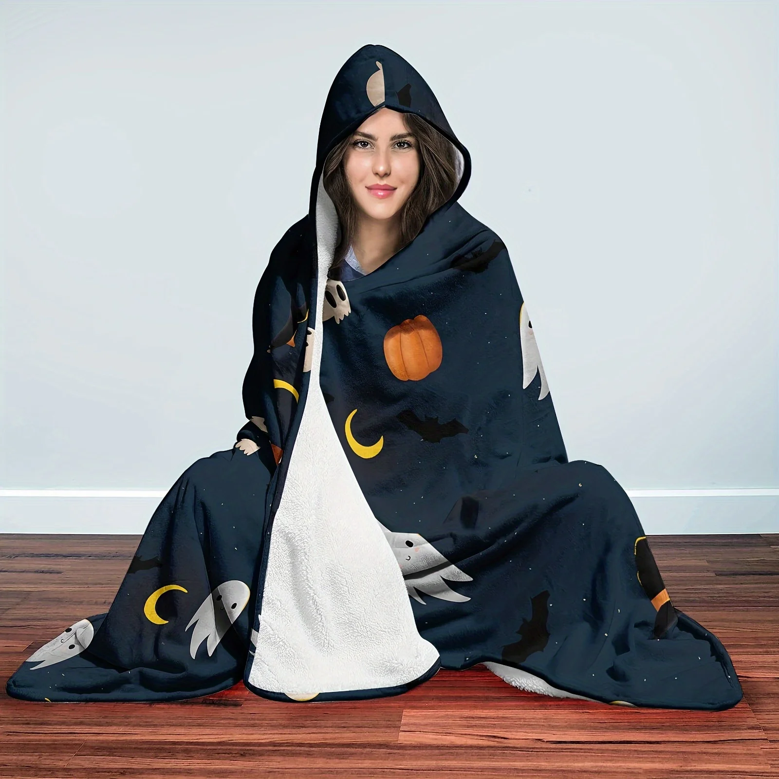 1pc Halloween Hooded Blanket - Thick Soft Flannel Wearable Cape with Ghosts, Bats, Pumpkins Moon Design, Cozy