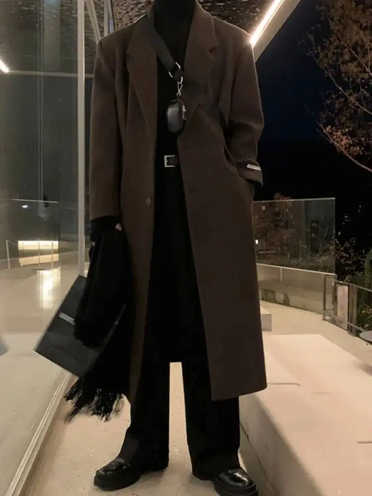 เสื้อโค้ทขนสัตว์ผู้ชายสไตล์เกาหลี ปกพับ กระดุมแถวเดียว ยาวคลุมเข่า หนา ใส่สบาย ลำลอง สำหรับผู้ชาย ฤดูหนาว 2025