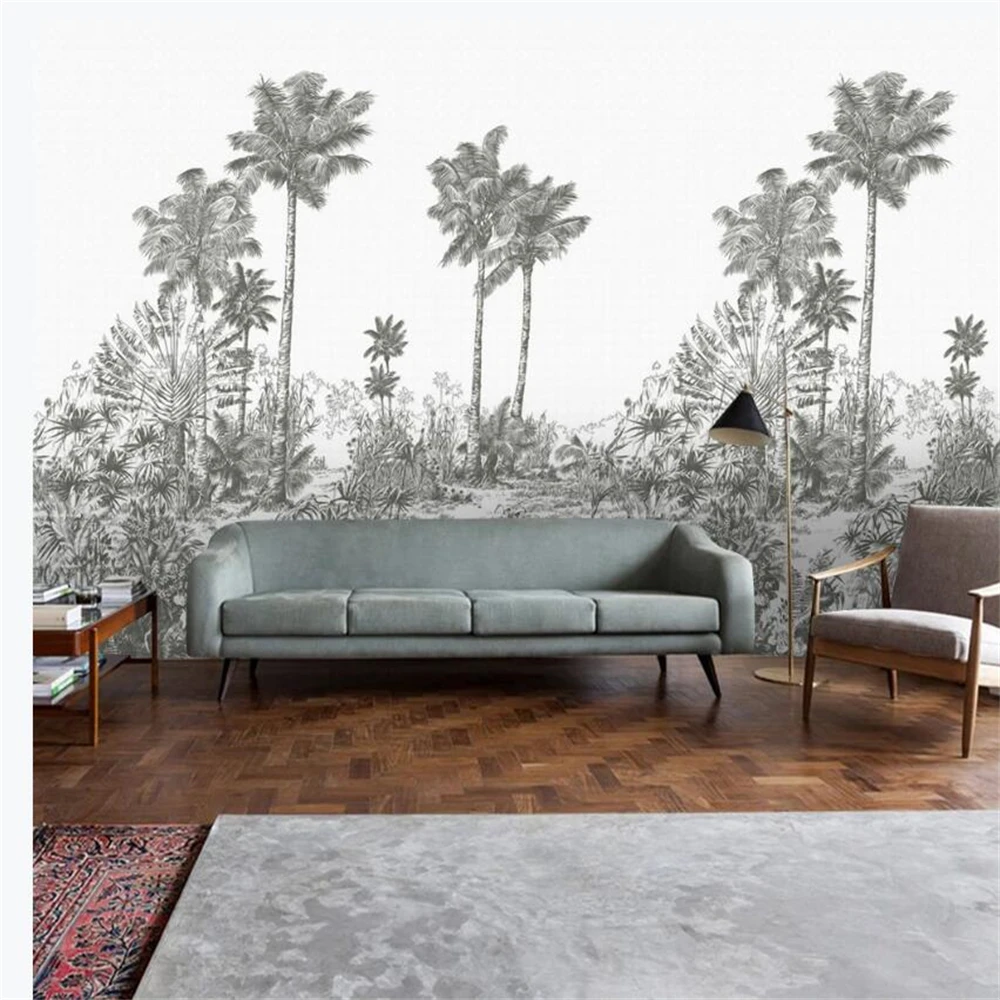 Custom 3D Black White Forest Wall paper Mural Retro Nostalgic Idyllic Coconut Jungle Background vinyl Wallpaper Home Decoration