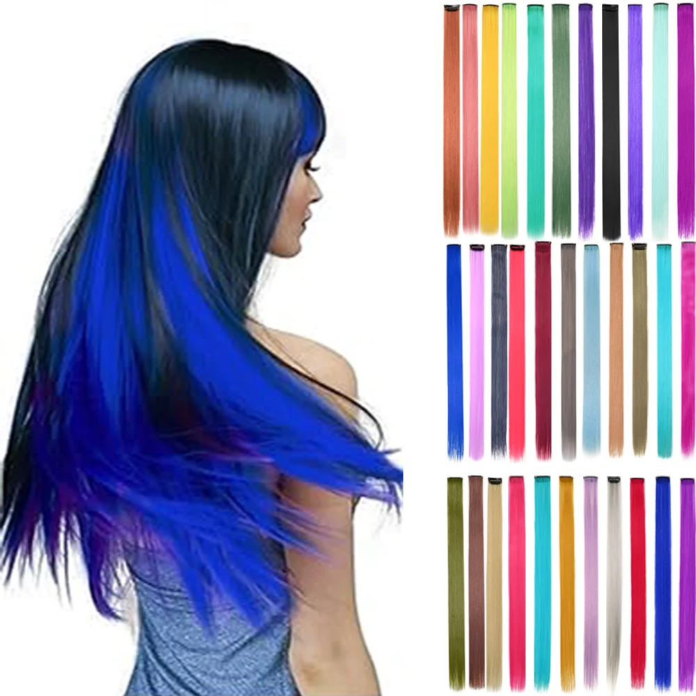 10PCS/Pack Colored Party Highlights Clip in Hair Extensions for Girls 22 Inches Omber colors Straight Hair Synthetic Hairpieces