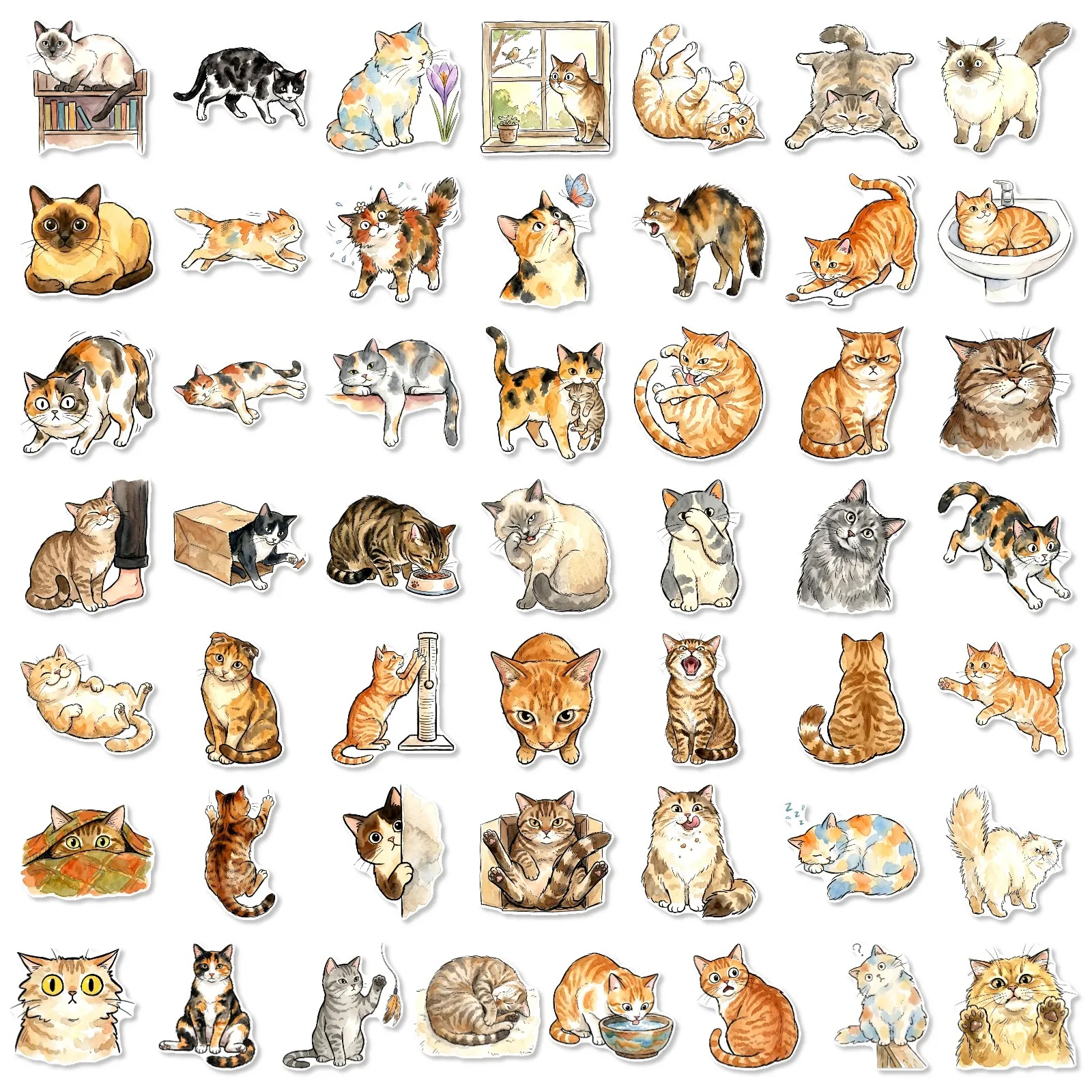 50pcsfunny Cute Cats Cute Watercolor Graffiti Stickers Cartoon DIY Skateboard Phone Case Laptop Waterproof Cool Stickers Decals