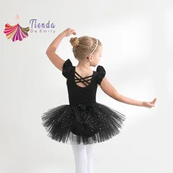 Sparkle Ballet Tutu Skirt Artistic Gymnastics Mesh Girl Leotard Flutter Short Sleeve Ballerina Princess Dress Up Costume Korea