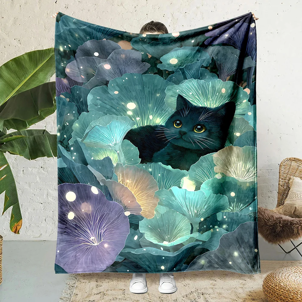 

Black cat glowing flowers fireflies fantasy Print Blanket Warm Soft Fluffy Kids Adult Sofa Bed Throw Outdoor Travel Camping RV