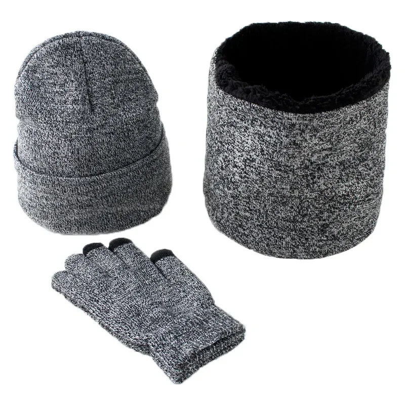 Gorro de punto grueso a la moda, bufanda para el cuello, guante para hombre, Otoño Invierno, protección contra el frío, conjunto cálido de tres piezas, accesorios de ropa