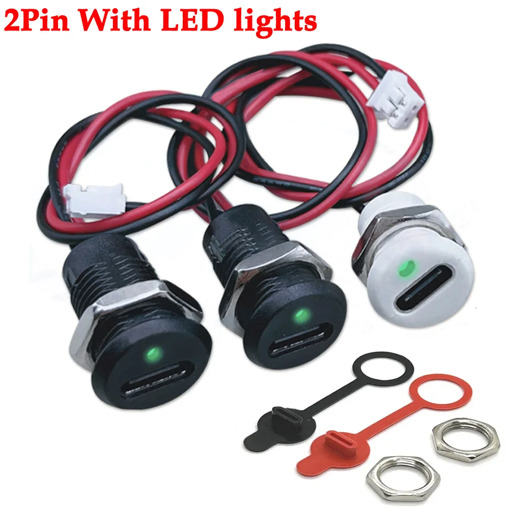 USB-C 2P High Current Charging Socket with LED Lights PH2.54 Nut Snap Lock Plate USB TYPE-C Waterproof Female Connector JacK