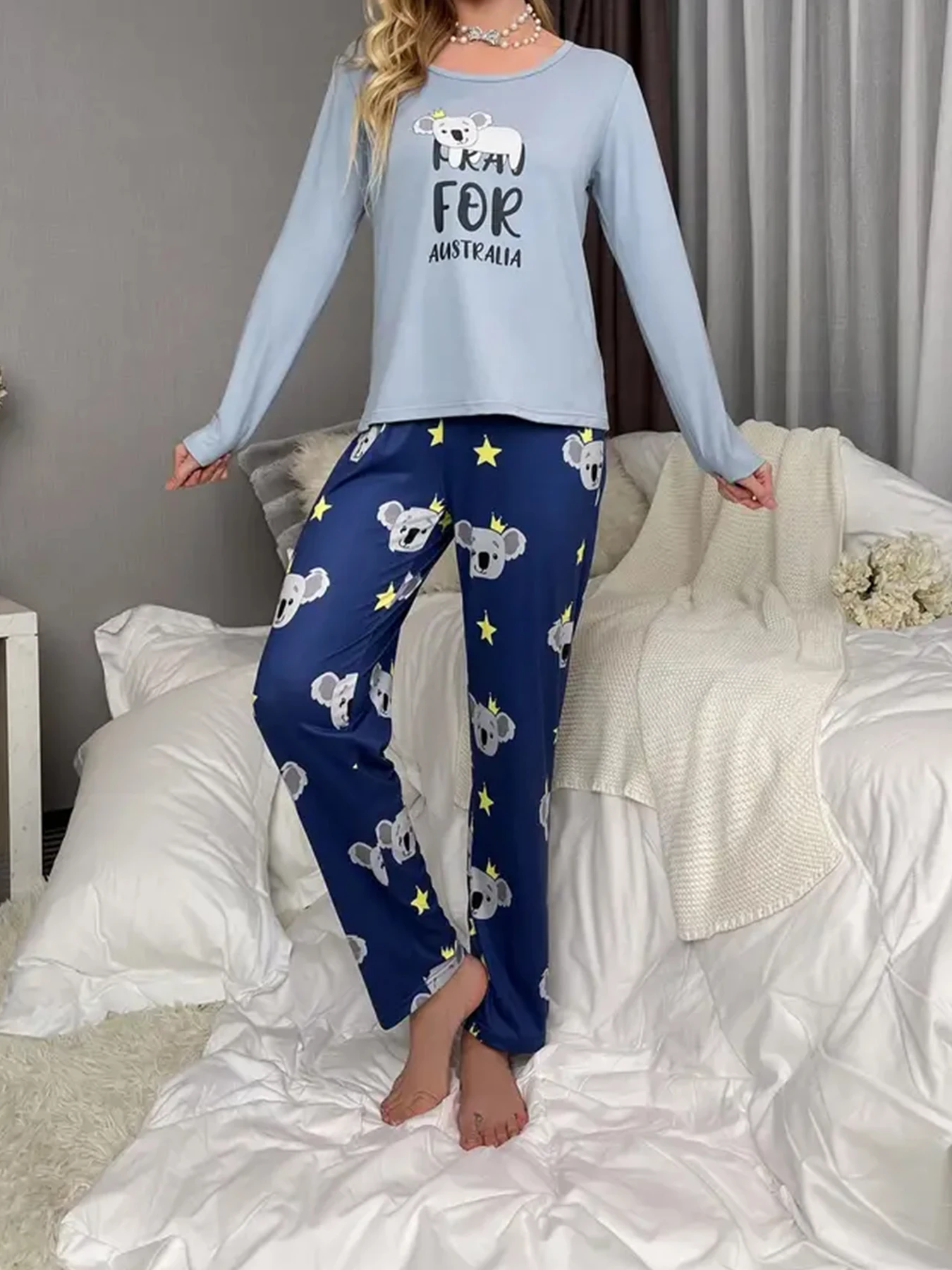 

Women Pajams Set Koala Print Round Neck Long Sleeve Top Allover Print Pants Autumn Loungewear Set Casual Sleepwear Soft Elastic