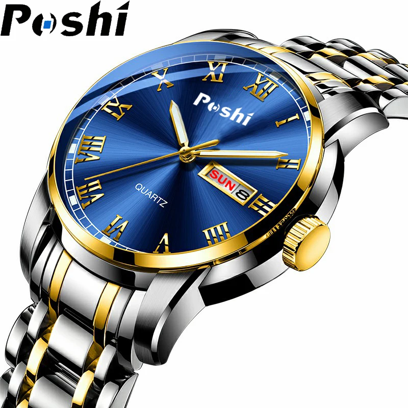 POSHI Stainless Steel Quartz Wrist Watch for Man Luxury Week Date Display Luminous Bracelet Fashion Men\'s Watch Original Clock