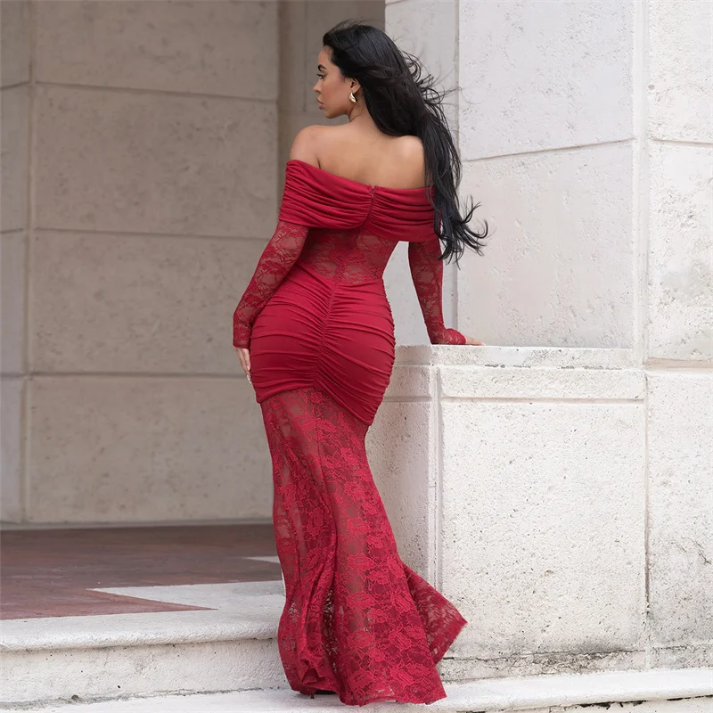 ชุดเดรสยาวทรงเมอร์เมดเปิดไหล่สุดเซ็กซี่สำหรับผู้หญิง ดีไซน์หรูหราด้วยผ้าลูกไม้ซีทรู แต่งระบายช่วงคอแบบเฉียง ชุดราตรีสำหรับงานปาร์ตี้กลางคืน
