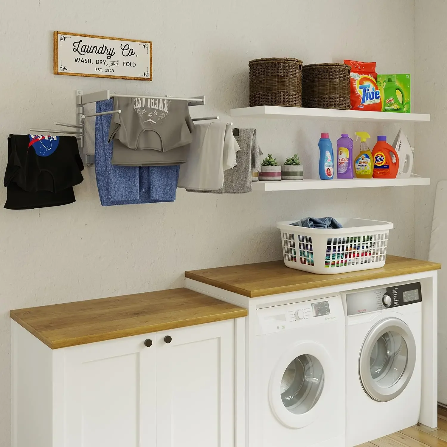 BGT Wash Clothes Drying Rack Wall Mount Laundry Room Organizer with Hooks & Swing Arms, 17