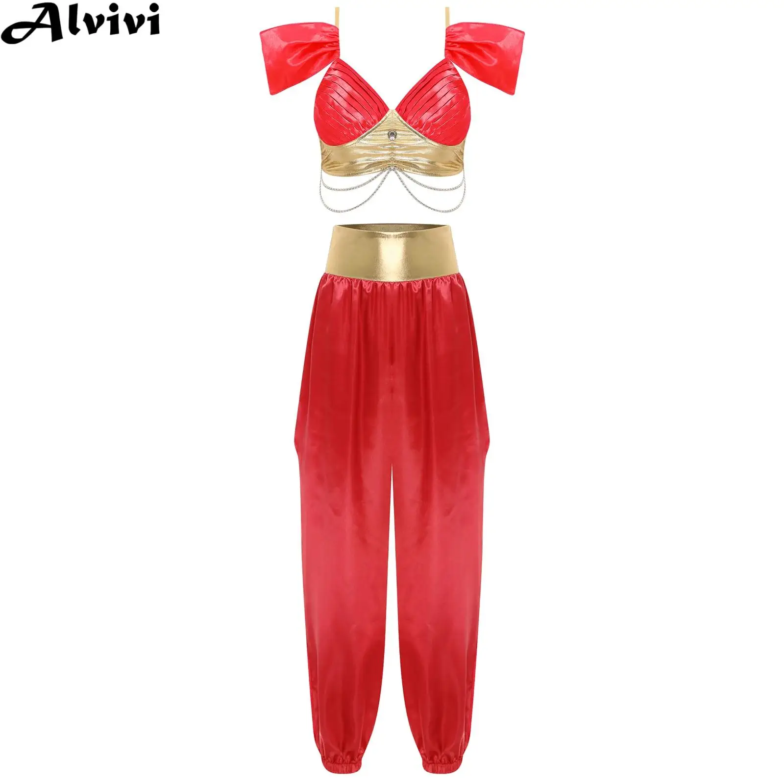 Women Belly Dance Performance Outfit Crop Top with Side Slit Pants Arabian Princess Cosplay Costume for Christmas Halloween