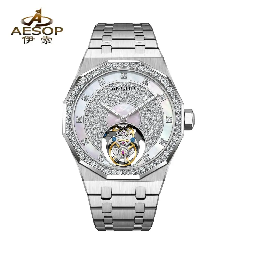 AESOP Flying Tourbillon Mechanical Skeleton Watch For Man Watches Waterproof Wristwatches Sapphire Mirror Octagon Watch Ring New