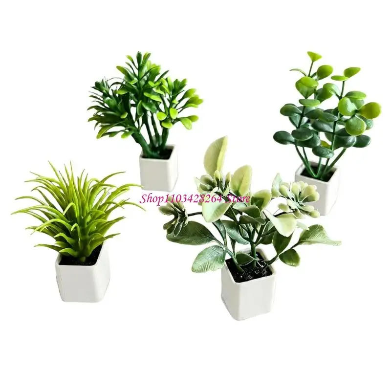 Realistic Mini Plant Figurine for 1:12 Doll House Decoration, White Pot Green Potted Plant for Display Layout and Pretend Play