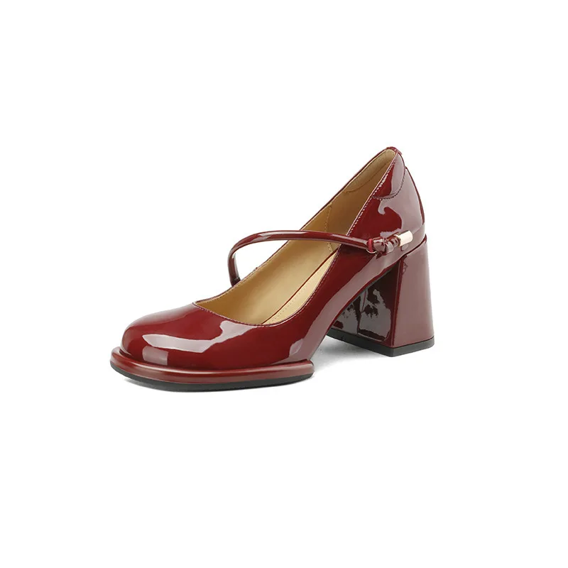 Retro Mary Jane scarpe donna primavera rosso tacchi alti tacchi spessi scarpa colorata bocca poco profonda scarpe da sposa in pelle tagliaunghie