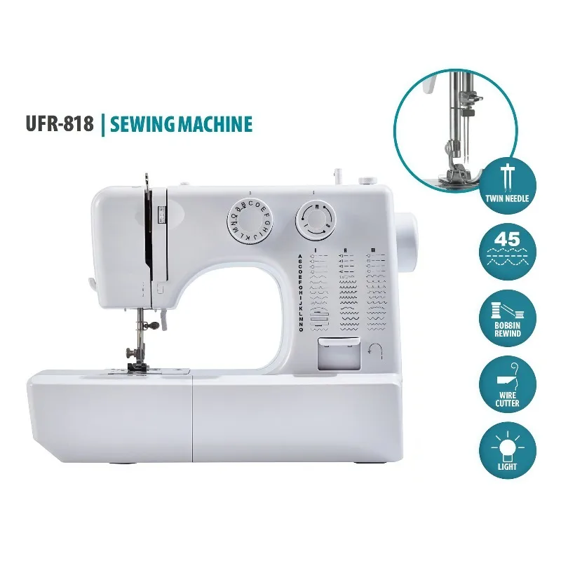 818 Double Needle Mini Sewing Machine, 45 Stitch Household Sew Tool, Overlock & Buttonhole Function, Accept Custom Service