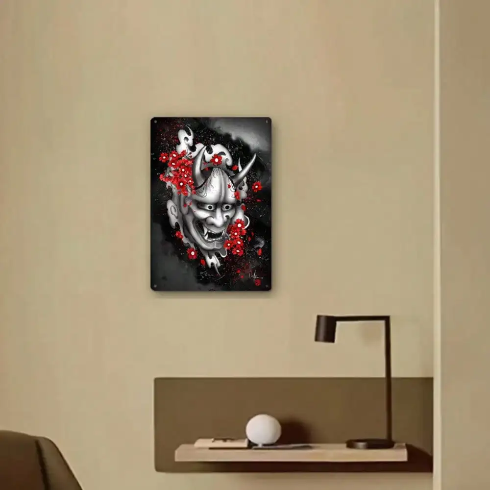 1 szt. Tabliczka Blaszana Japońska Maska Demona - Sztuka Samuraja do Dekoracji Salonu/Biura, Czerwone Kwiaty i Czarna Tematyka, 20x30cm