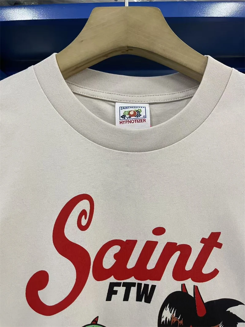 Saint of Michael New DEVIL Pattern Printed Washed Vintage High Street Casual Loose Cotton Versatile T-shirt MEN Tops