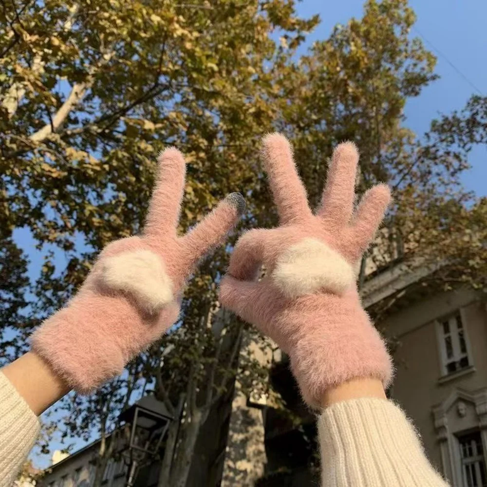 Plush warm gloves love winter plus velvet cute finger touch screen to prevent cold student girls princess style, suitable for cy