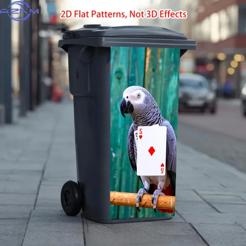 2D Flat Printing: A Trash Can Sticker Featuring a Parrot Holding the Wrong Card Pattern Design. This Matte-finish Sticker Is S