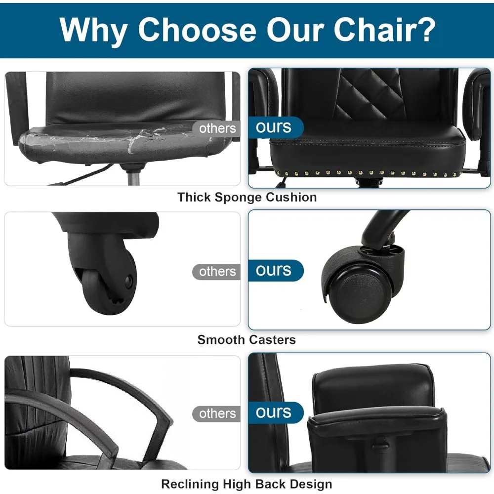 كرسي مكتب مريح من VECELO - مسند ظهر عالي مع إمالة، جلد PU، ظهر مخيط بالألماس، قابل للتعديل 45 ° مساند للذراعين ووسادة إسفنجية