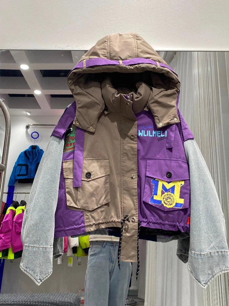 

Зимний пуховик женский, новинка 2025 года, высококачественный джинсовый пуховик с капюшоном, женский утепленный теплый белый утиный пуховик, топы