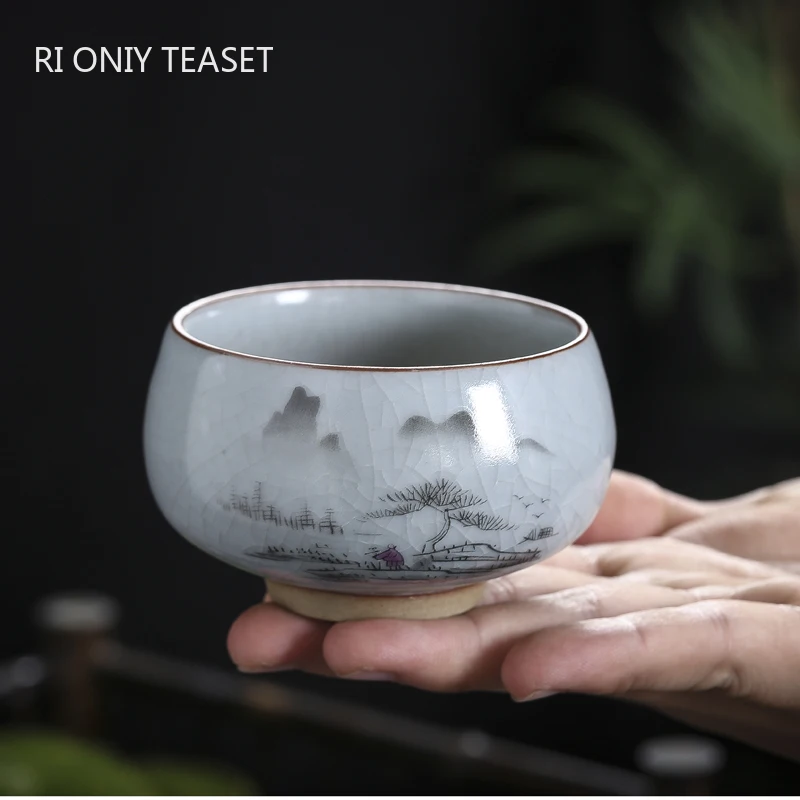 Boutique Ru Kiln Ceramic Teacup Hand Painted Flowers Meditation Cup Travel Tea Bowl Tie Guanyin Pu'er Master Cup Tea set Gifts