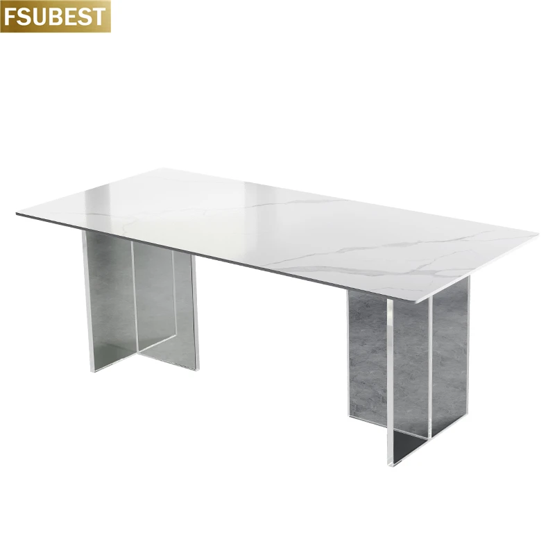 FSUBEST Modern Rock Slab Kitchen Dining Table With 6 Chairs Set Acrylic Floating Base Dinner Tables Set Cadeiras De Jantar