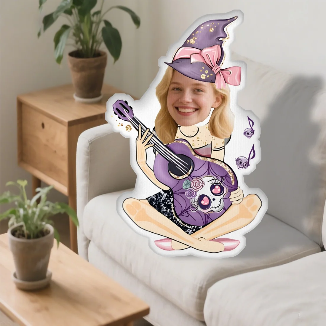 

Personalized plush pillows with custom photos, themed as the Halloween Guitar Goddess, perfect for Valentine's Day, anniversarie