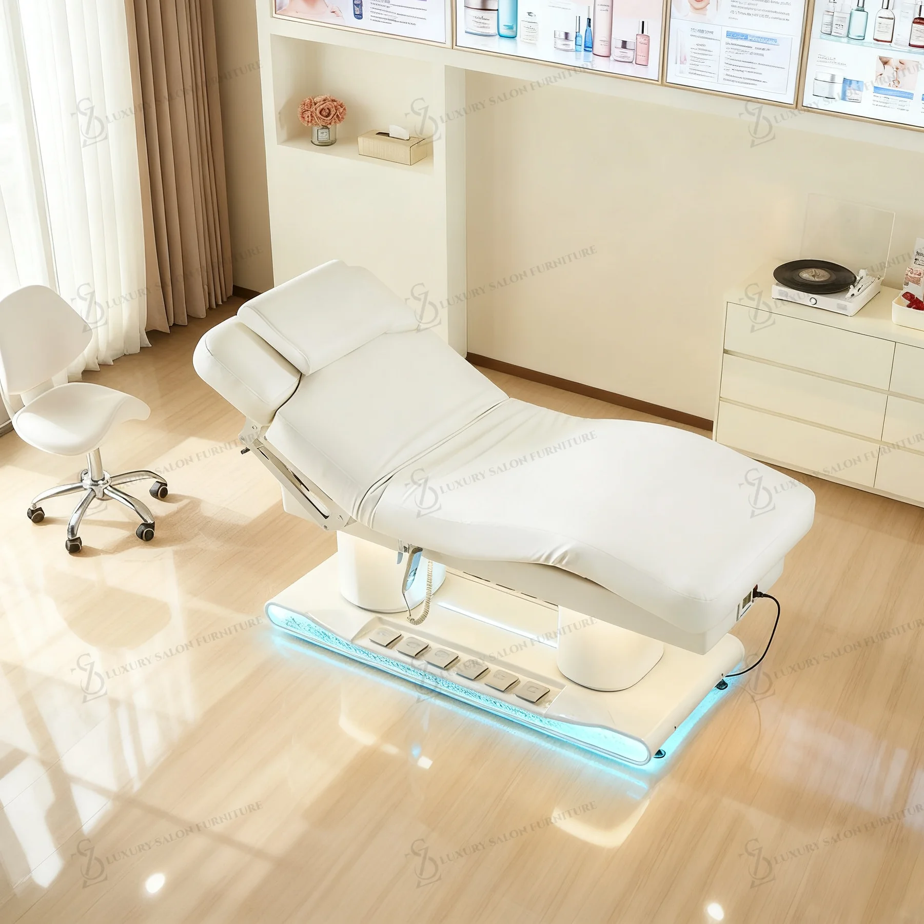 

Роскошная белая металлическая основа, косметическая кровать, электрическая кровать для лица, очень широкий 4-двигатель, массажный стол, кровать для ресниц, обогреваемая