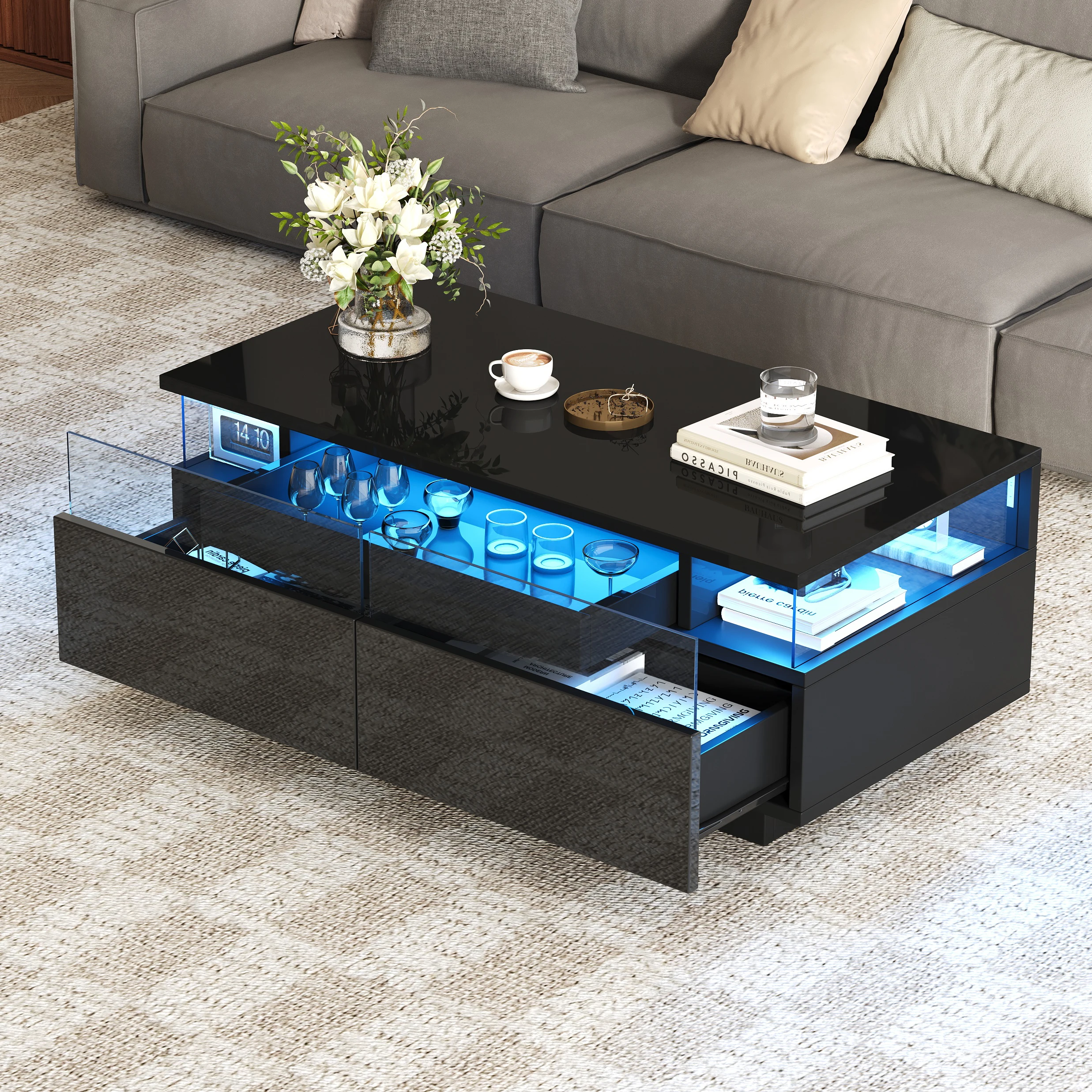 Bijzettafel met afneembaar blad, 2 laden en LED-3 niveaus, gehard glas, zwart MDF - 90 × 45 × 35,5 cm - afbeelding 1