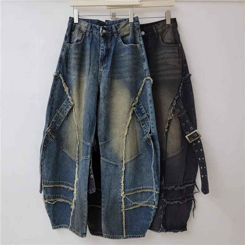 SuperAen American-style High Street Washed Distressed Jeans Autumn and Winter New Deconstructed Design Loose Wide-leg Pants