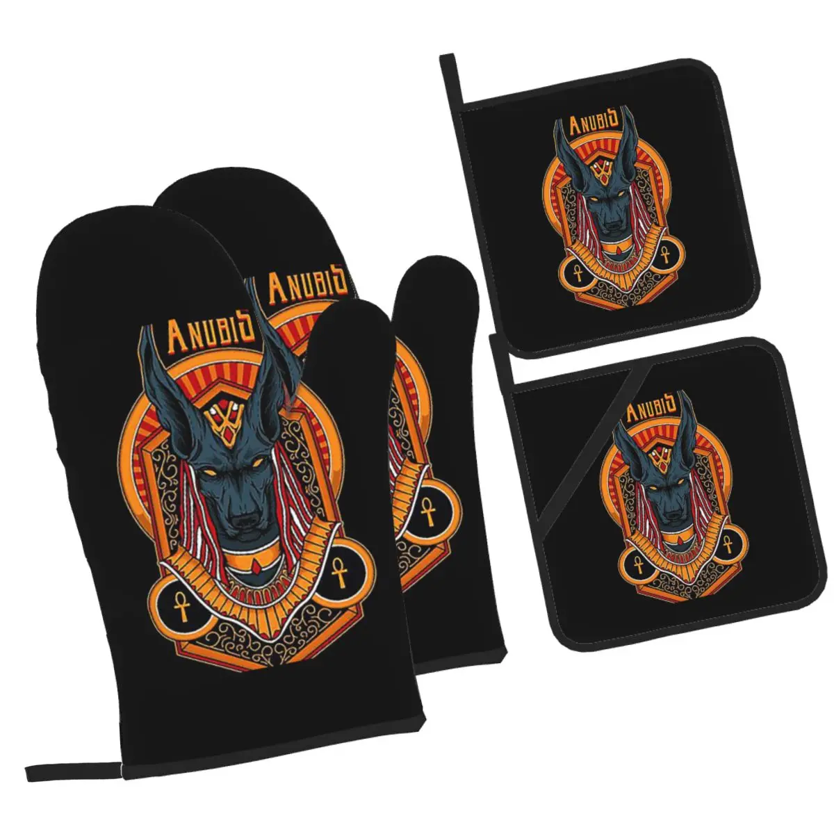 

Ancient Egyptian God Anubis With Ankh Egyptian Oven Mitts and Pot Holder Sets of 4 for Baking Kitchen Cooking BBQ Non-Slip Glove