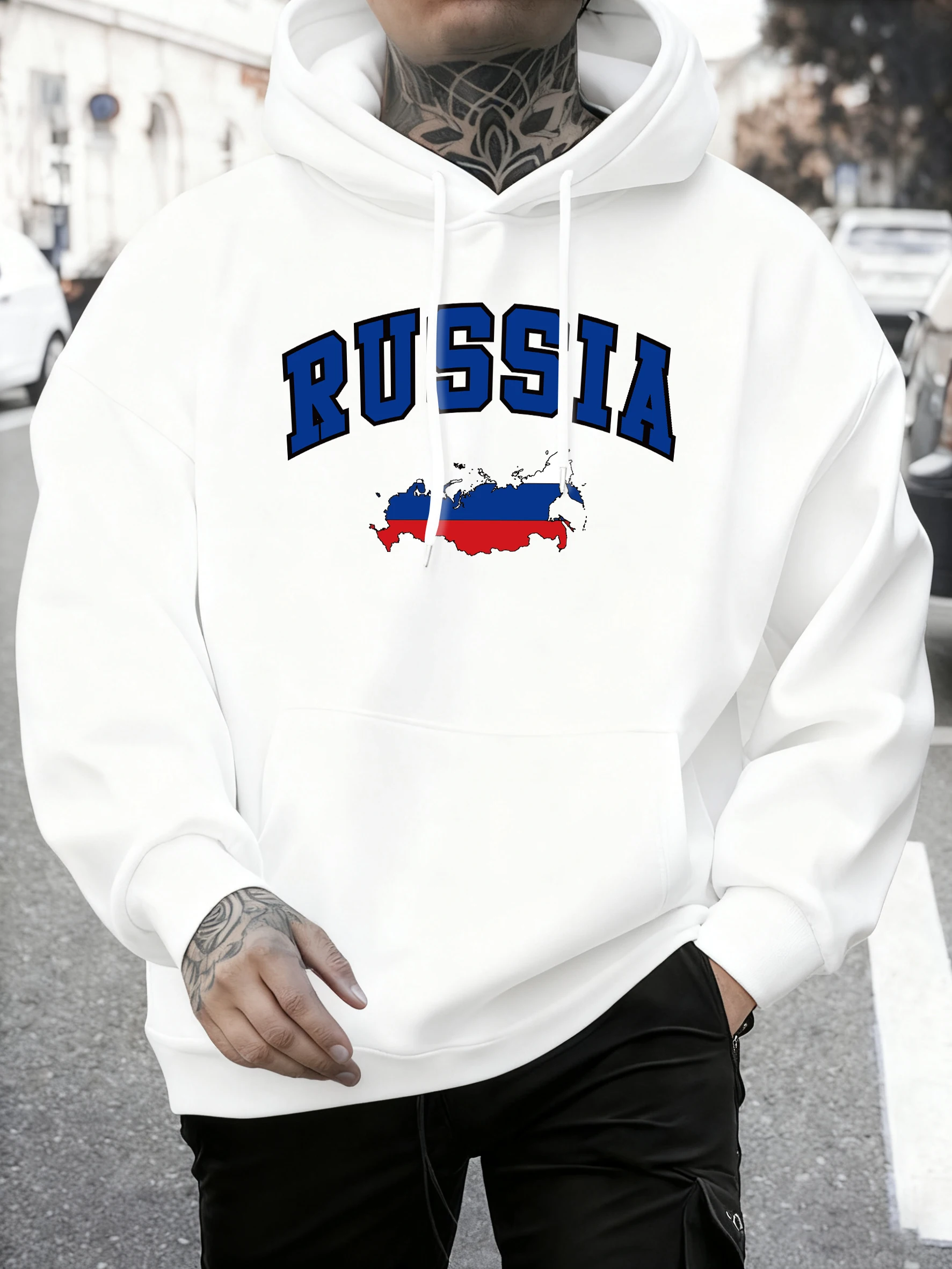 Russian Flag Colored Map Prints Men Hoodie Hip Hop Fashion Sportswear O-Neck Vintage Clothing Unisex Fleece Commute Pullovers
