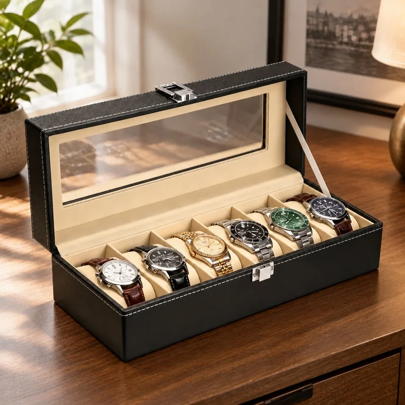 PU Leather Watch Display Case with Glass Lid, Multi-Slot Organizer for Men's Timepieces, Perfect Gift Storage Solution
