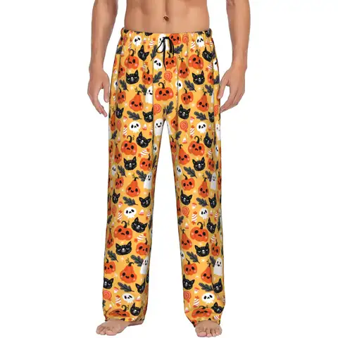Custom Halloween Spooky Bats Lunar Pattern Pajama Pants for Men  Sleepwear Lounge Sleep Bottoms Stretch with Pockets