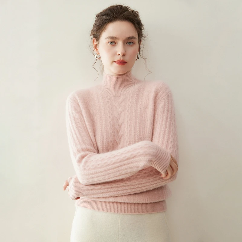 2026 Autumn Winter Womens 100 Cashmere Half Turtleneck Pullover Loose Short Knitwear Solid Casual Goat Female Sweater Tops New..