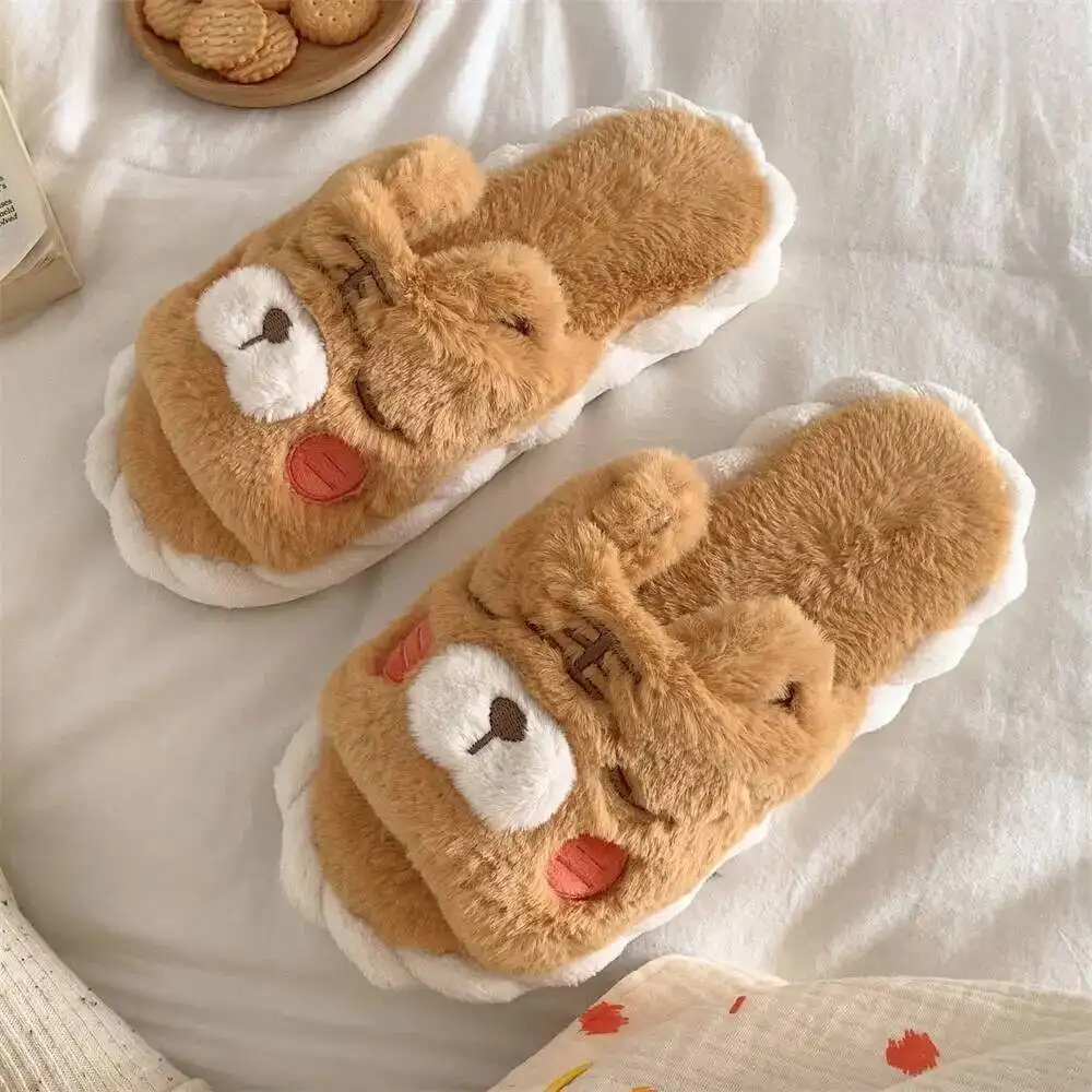 Zapatillas peludas de suela blanda para el hogar para interiores, zapatillas de algodón antideslizantes con bonito tigre para otoño e invierno para el hogar