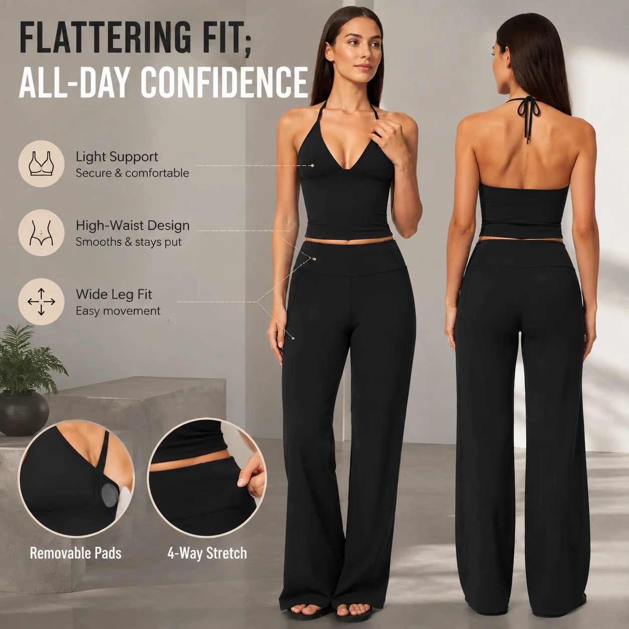 Women 2 Piece Yoga Set Halter Tank Top High Waist Wide Leg Pants Pilates Workout Lounge Activewear Set