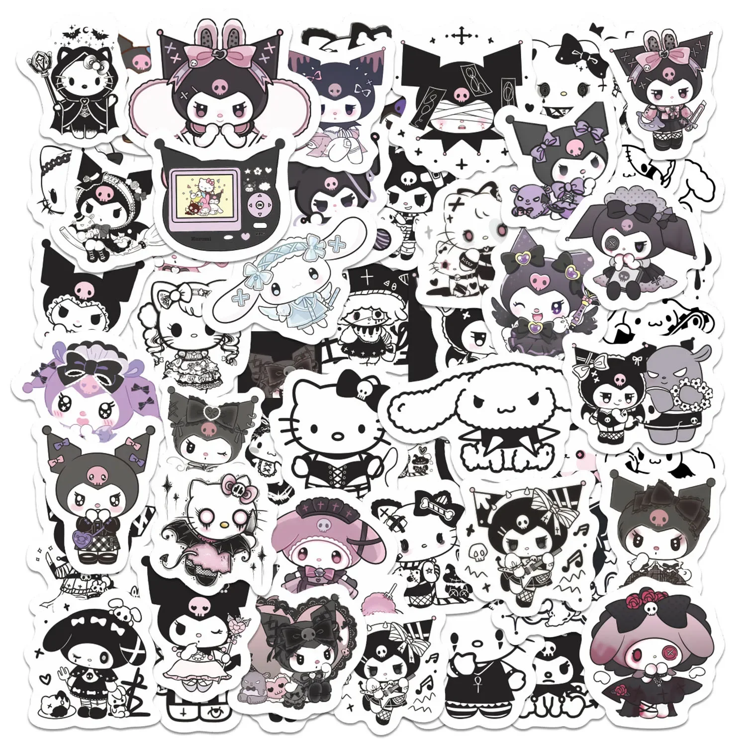 60PCS Sanrio Cute Gothic Style Kuromi Stickers Cartoon Fun Doodle Decorative Scooter Suitcase Scrapbook Decals Toy Gifts