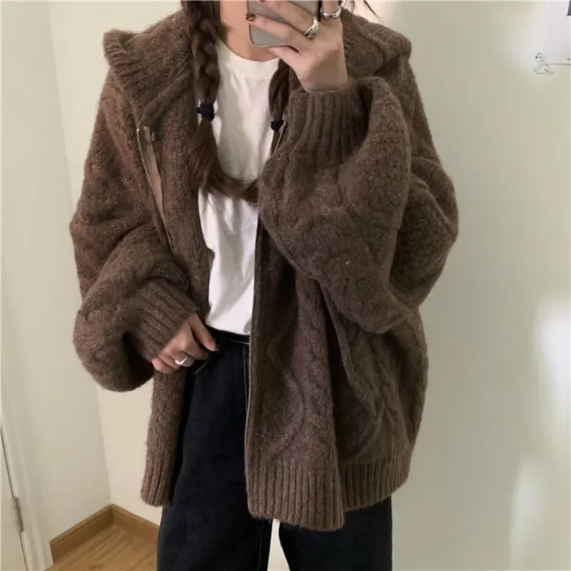 Women Autumn Winter Twist Zipper Hooded Sweater Coats Knitted Cardigan Jacket Oversized Long Sleeve Outwear Teddy Coat Brown