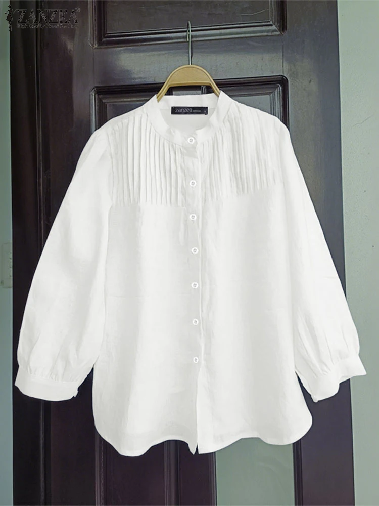 Camisas de oficina de otoño ZANZEA, Tops de manga larga con cuello levantado para mujer, blusa plisada lisa, camisa de trabajo OL elegante para mujer, Blusas con botones