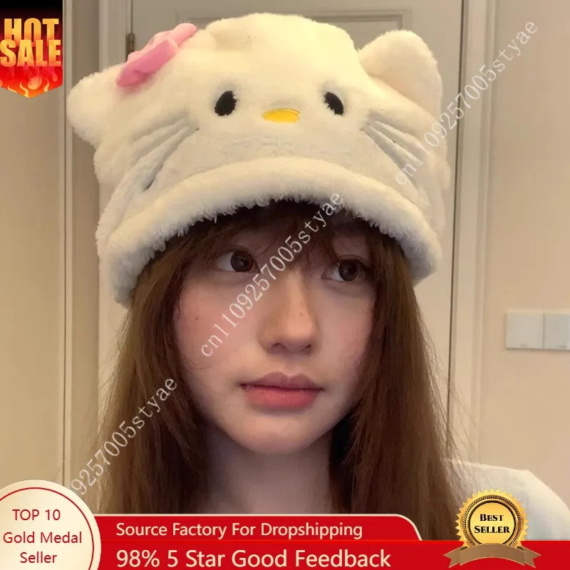 

Японская плюшевая шапка Hello Kitty в мультяшном стиле, энергичная осенне-зимняя белая шапка Hello Kitty для девочек с защитой ушей.