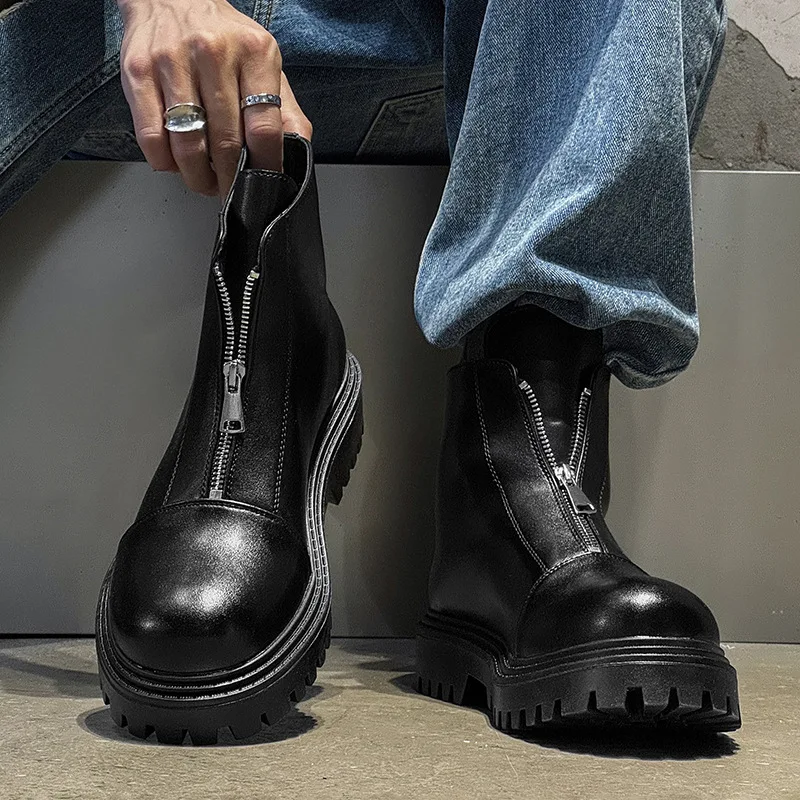 أحذية رجالية عصرية ذات نعل سميك من Punk Rock أحذية جلدية أصلية عصرية باللون الأسود أحذية كاوبوي للكاحل مصممة تشيلسي قصيرة بوتاس هومبر #4