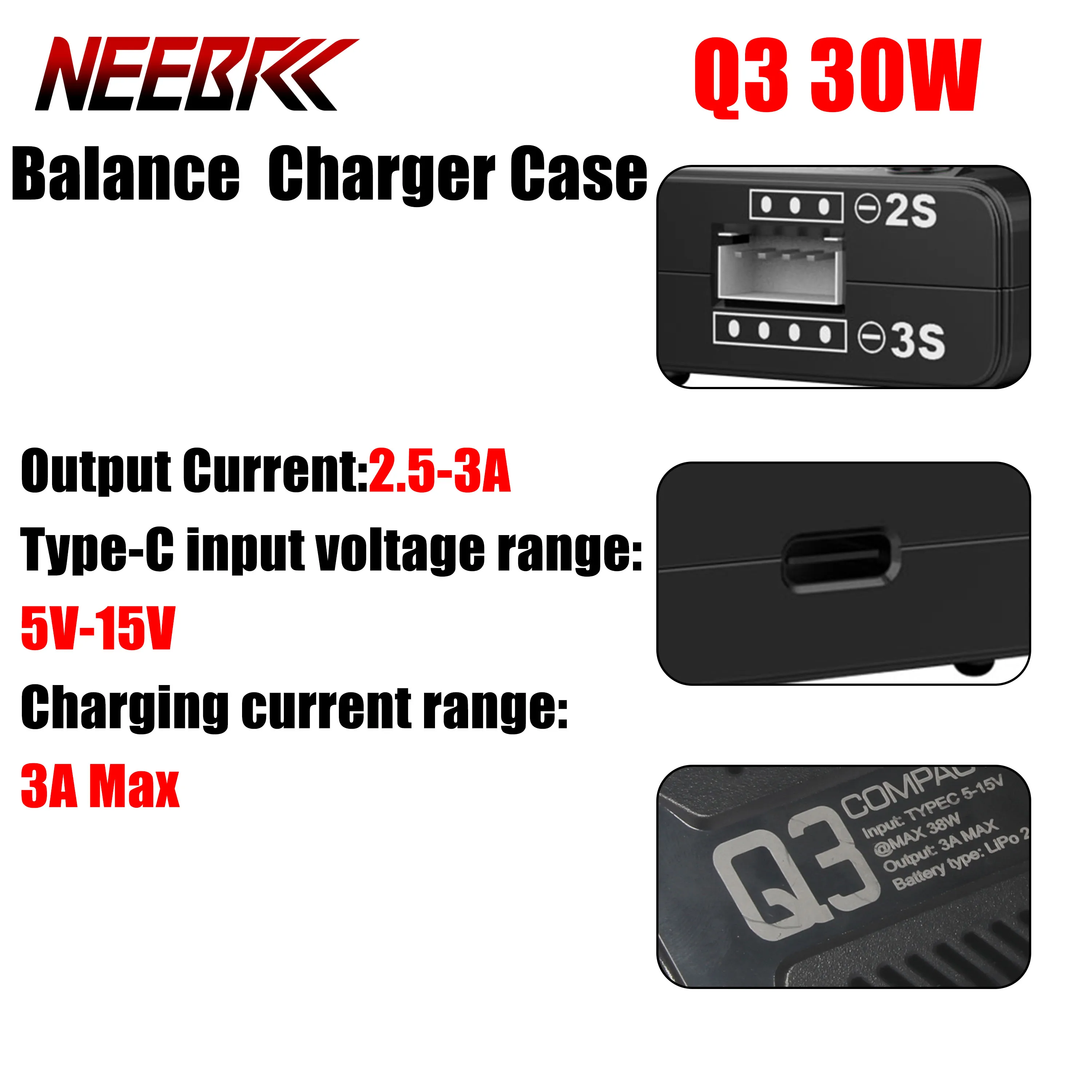 Q3 30W Mini Boost Battery Balance RC Discharger Charger Case 2.5A High-Speed Charging 2S-3S Lithium Heat Dissipation TypeC Part