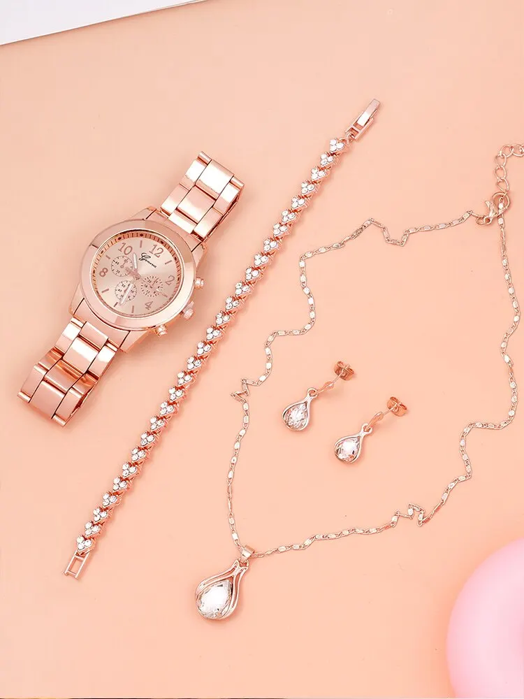 5pcs Fashion Versatile Rose Gold Steel Band Women's Quartz Watch+Love Diamond Bracelet+Pendant Necklace+Earnail Combination Set