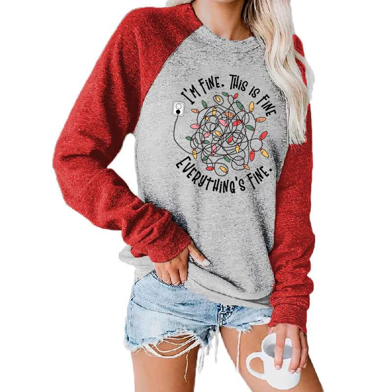 Christmas Light I'm Fine This Is Fine Everything's Fine Print Long Sleeve T-Shirt Women Sweatshirt Round Neck Plus Size Pullover