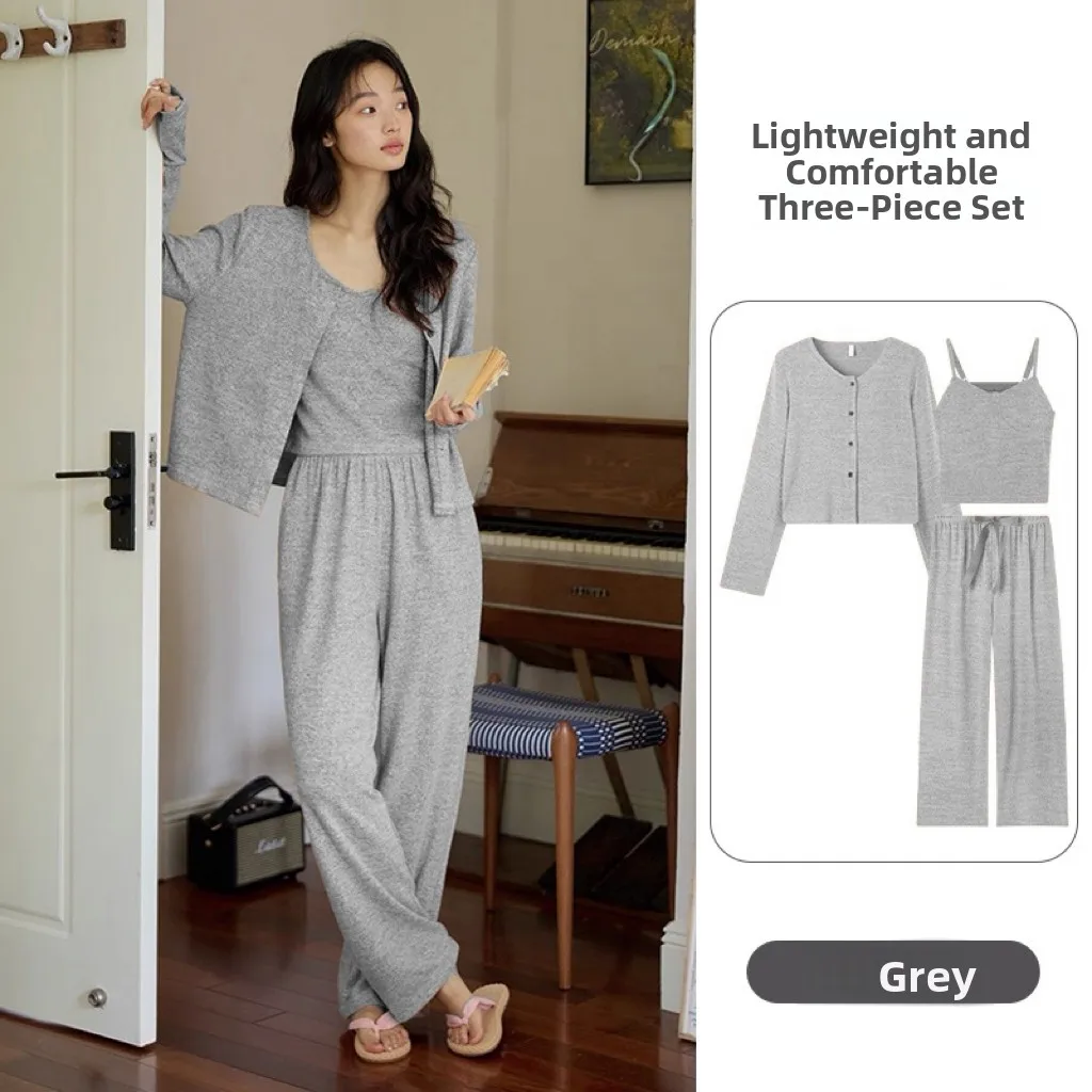Women's Sleepwear Set with Chest Pad Long Sleeve Long Pants Cardigan Belted Home Clothes V-neck Soft Polyester Fiber