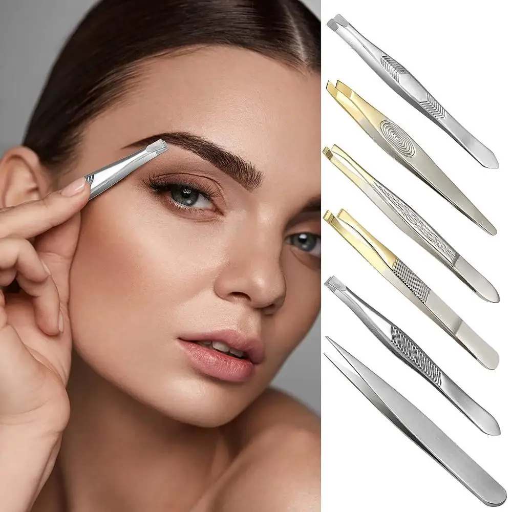 Polished Stainless Steel Slant/Tip/Flat Eyebrow Tweezers Plucking Eyebrows Ingrown Hair Removal Beards Tool